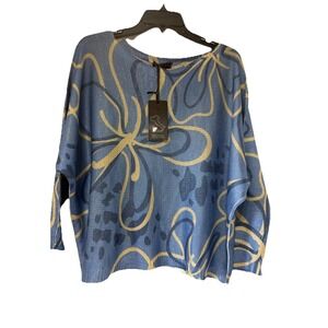 Bella Amore Made in Italy Women Blue‎ Top Size M Floral Knit Shimmer Artsy